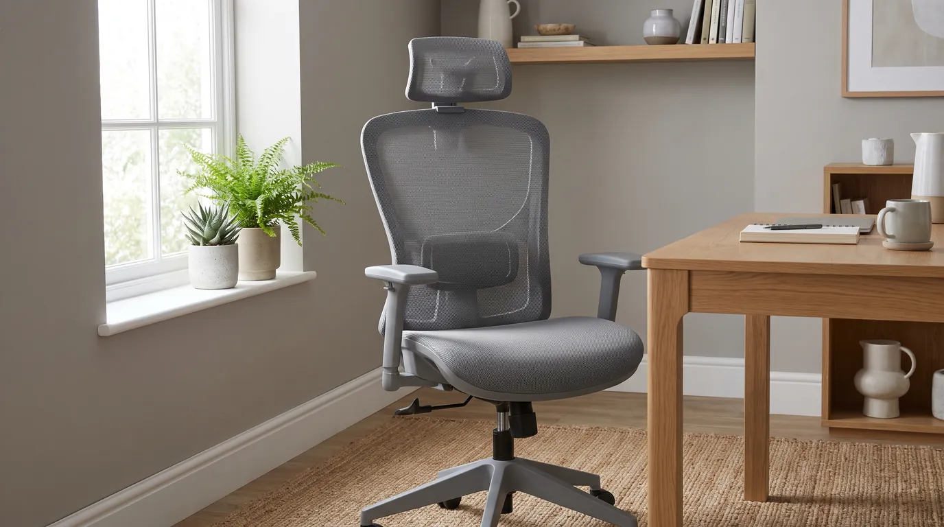 Ergonomischer Bürostuhl mit Netzrücken und Kopfstütze am Holzschreibtisch