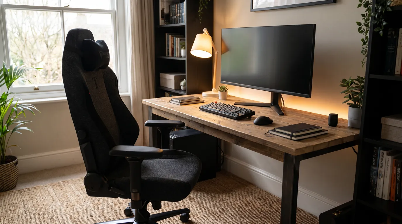 Dunkelgrauer Gaming-Stuhl aus Stoff am Schreibtisch mit Monitor und Tastatur