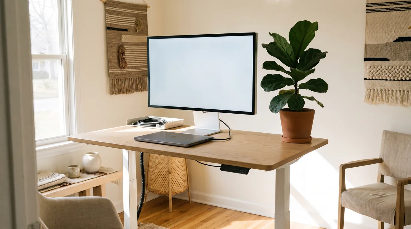 Elektrisch höhenverstellbarer Schreibtisch in Stehhöhe mit Monitor im Homeoffice