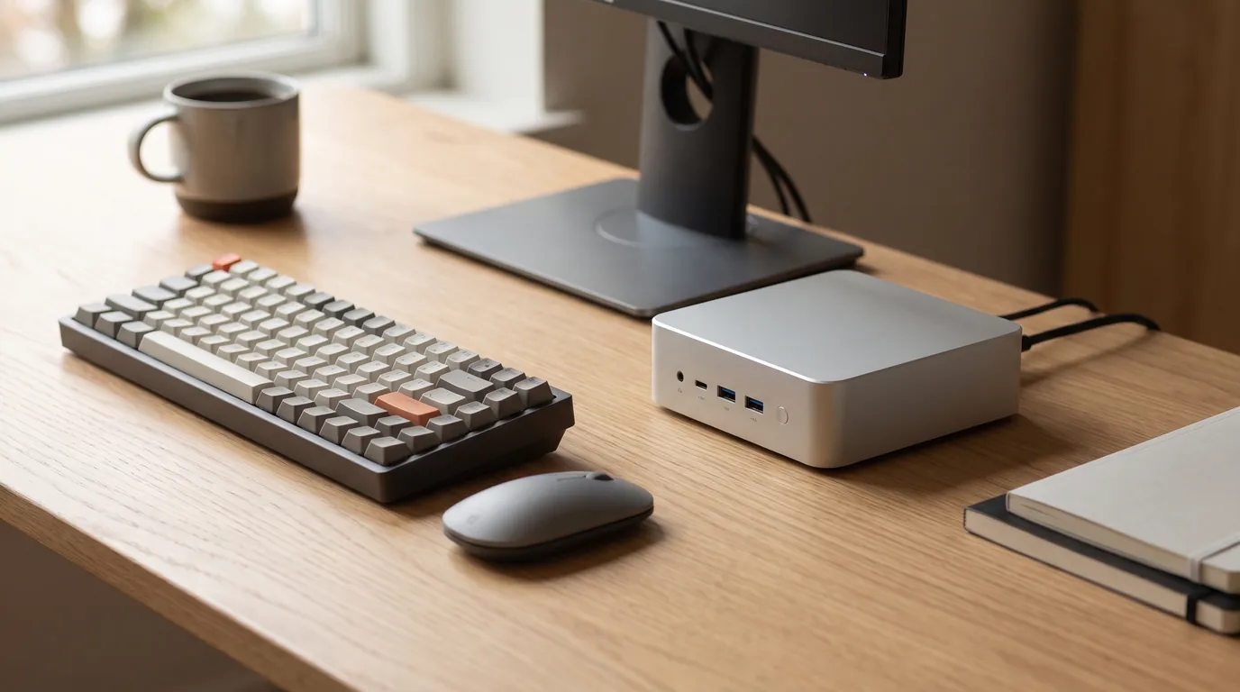 Kleiner Mini-PC aus Aluminium auf dem Schreibtisch neben Tastatur und Monitorfuß