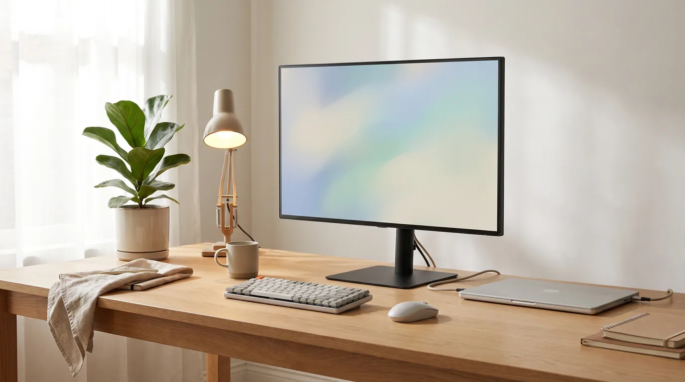 27-Zoll-Monitor auf höhenverstellbarem Fuß, per USB-C-Kabel mit dem Laptop verbunden