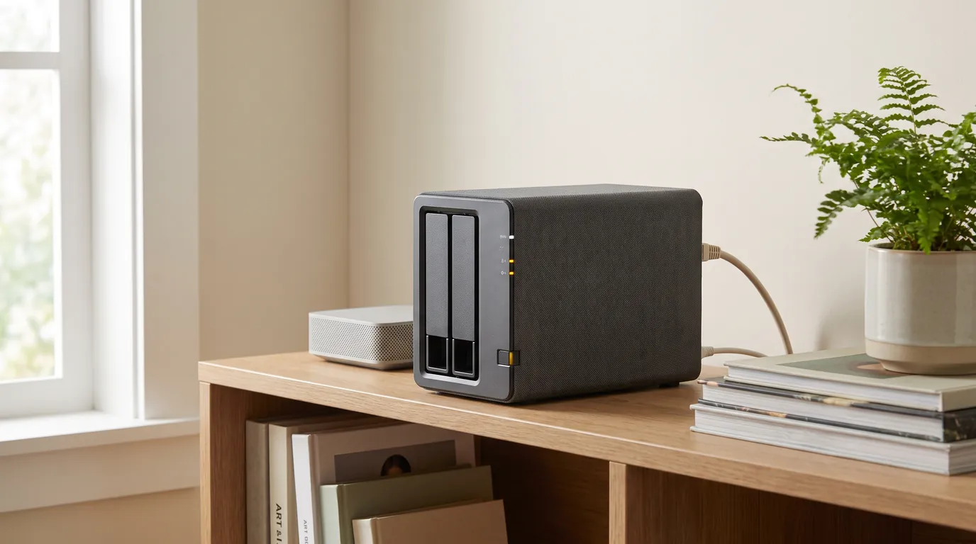 Kompaktes NAS mit zwei Laufwerksschächten im Regal neben dem Router